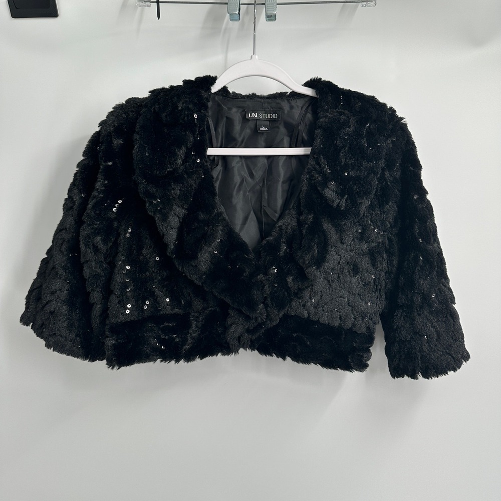 Womens Faux Fur Glam Evening Shrug Bolero Jacket‎ Size L Black Sequin Sparkle